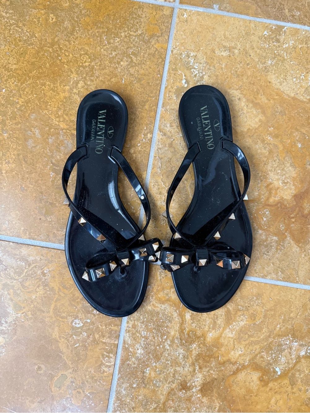Valentino Black Jelly Rockstud Thong Sandals with Gold Studs
